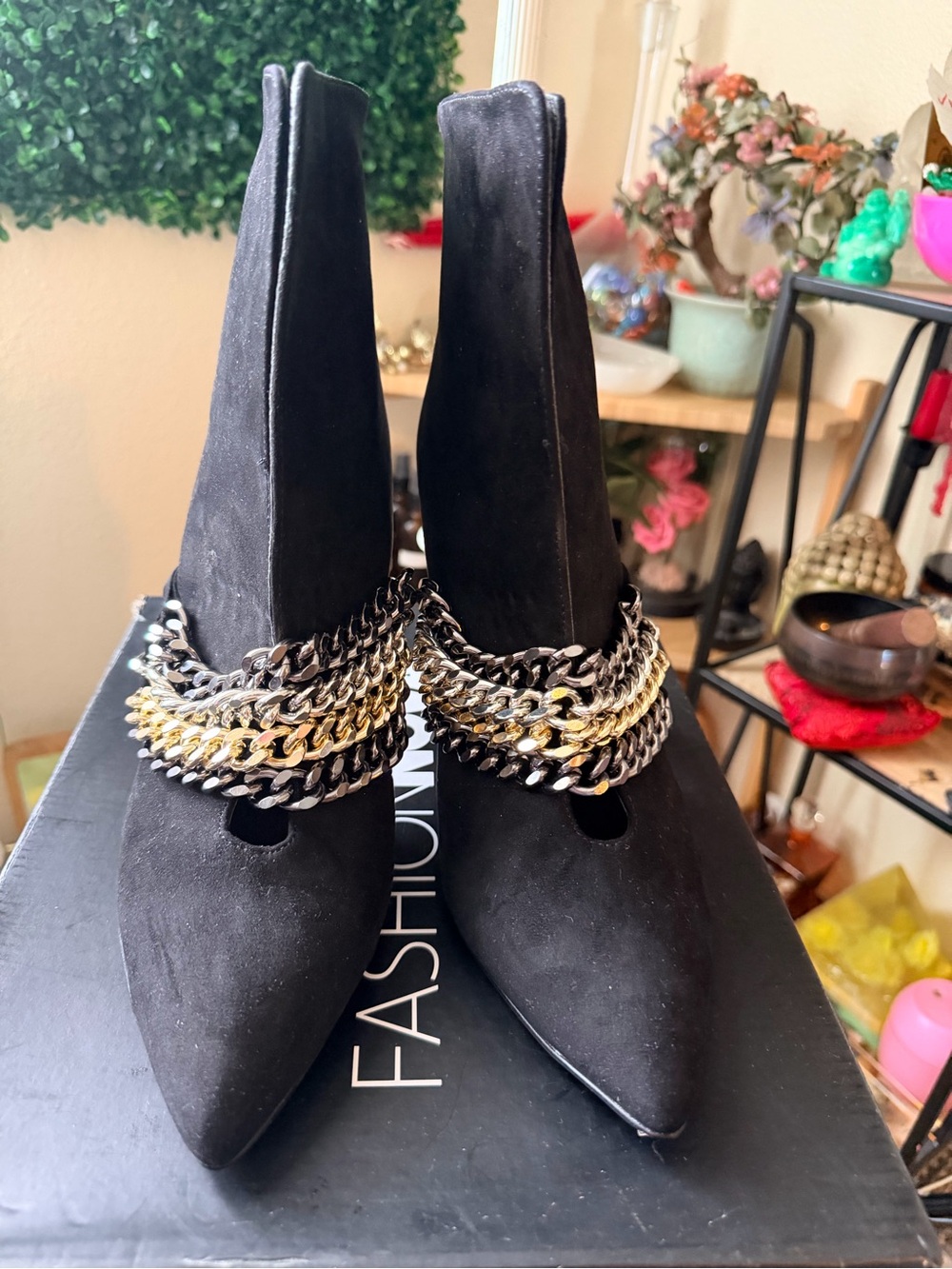 Fashion Nova Black Pointed Toe Ankle Boots with Mixed Metal Chains